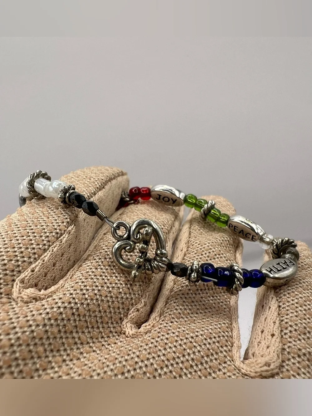 Vintage Faith Hope Love Peace Joy Word Charm Bracelet Silvertone Rainbow